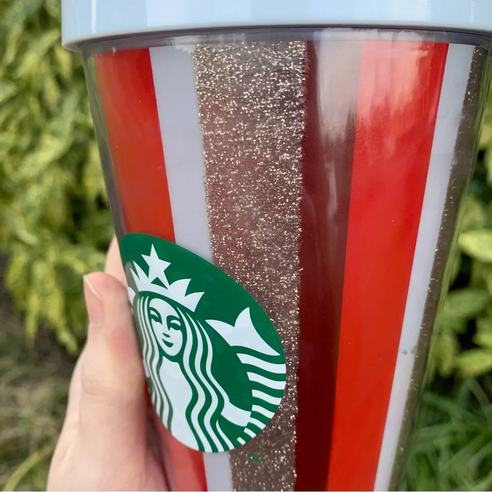 Starbucks Red White Gold Striped Cold Cup Tumbler Collectible Christmas/Holiday